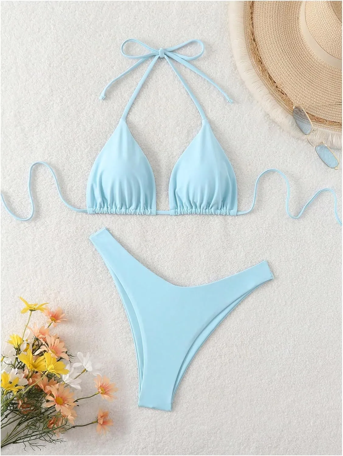 GORGLITTER Women's High Waisted Thong Bikini Set Halter Triangle Tie Back Swimsuit Bathing Suit