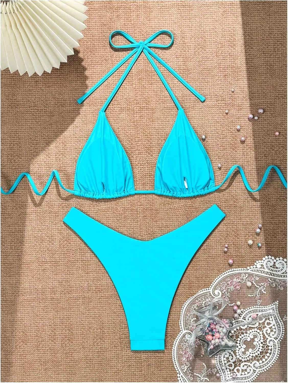 GORGLITTER Women's High Waisted Thong Bikini Set Halter Triangle Tie Back Swimsuit Bathing Suit