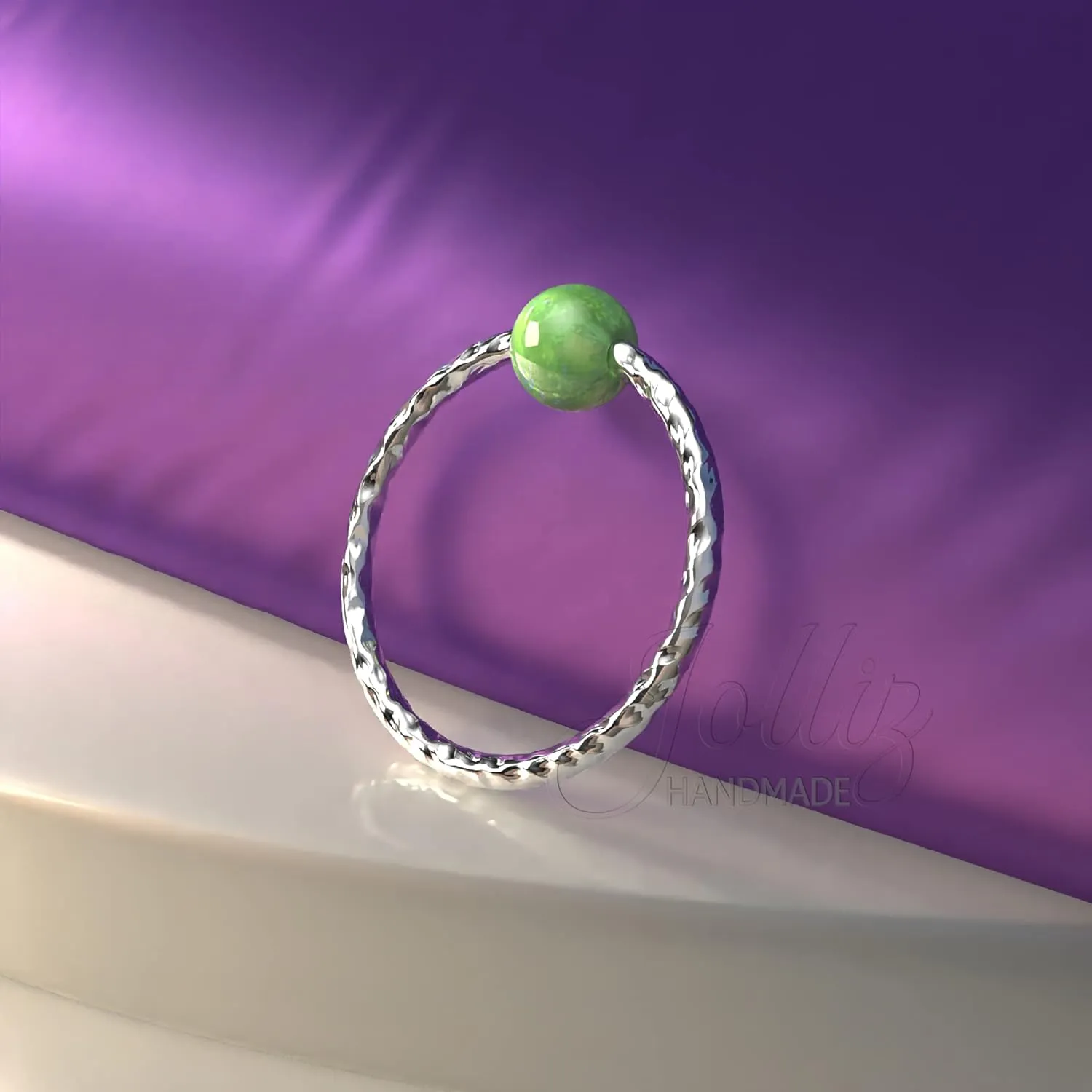 Hammered Helix Ring Hoop Green Opal 20 Gauge - 925 Silver Cartilage Piercing Ring For Women Men - Handmade Earring jewelry