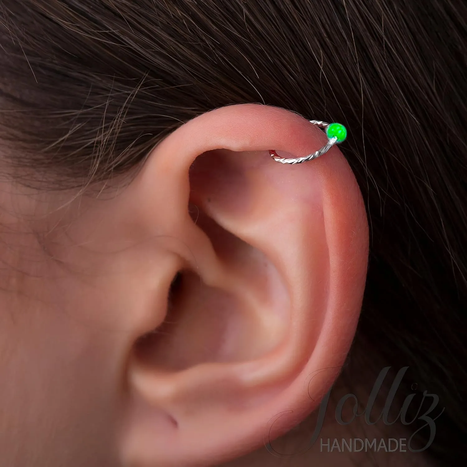 Hammered Helix Ring Hoop Green Opal 20 Gauge - 925 Silver Cartilage Piercing Ring For Women Men - Handmade Earring jewelry