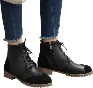 Hbeylia Combat Boots With Fleece Lining For Women Fashion Casual Leather Splicing Winter Snow Boots Waterproof Warm Lace Up Chunky Mid Heels Ankle Booties With Side Zipper Mid Calf Short Riding Boots
