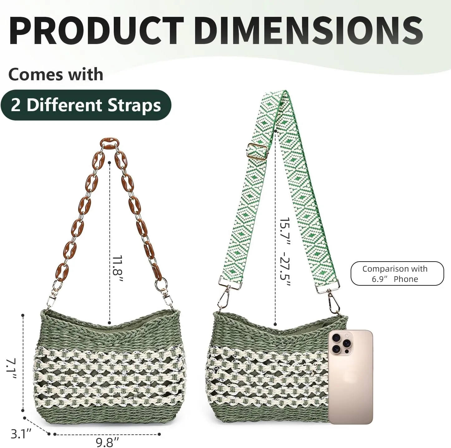 Herald Small Handmade Straw Pocketbook Crossbody Bag for Women, Summer Chic Woven Handbag Shoulder Purse with Chain