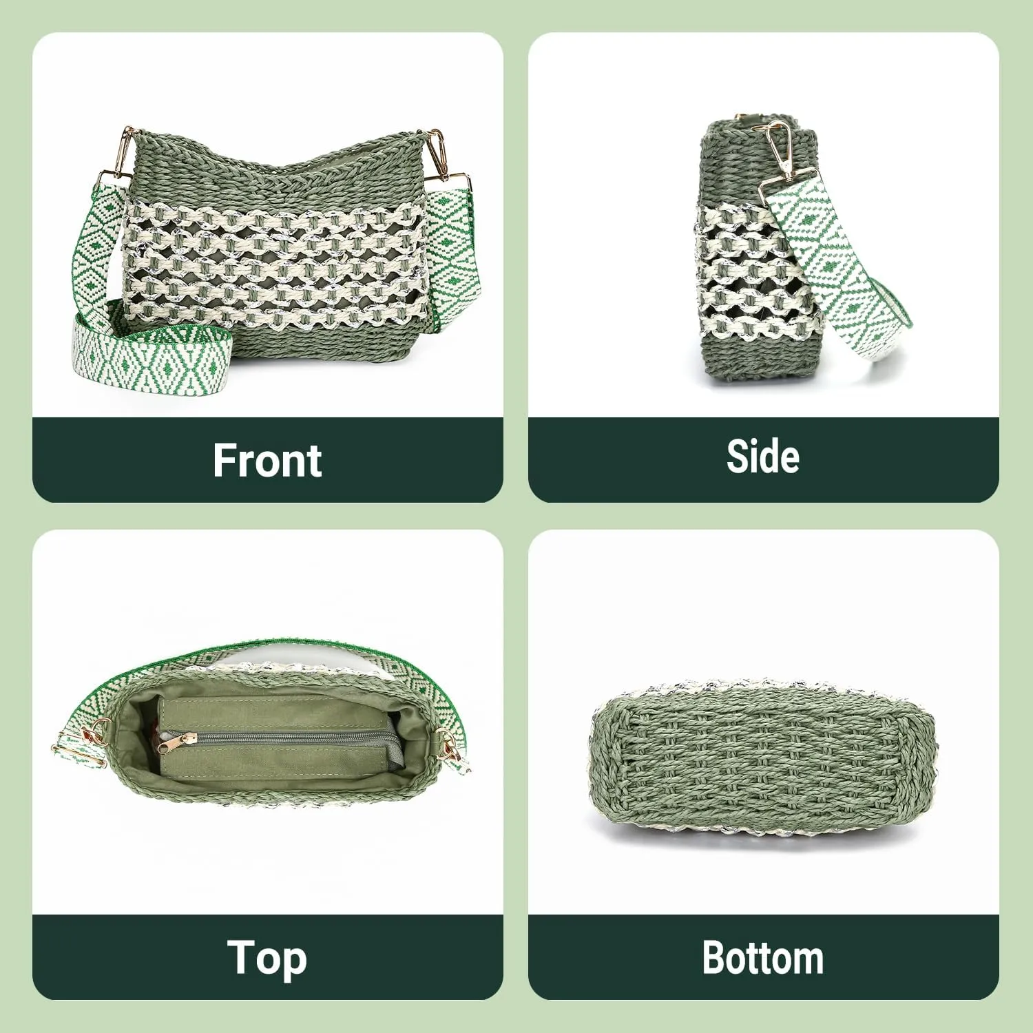 Herald Small Handmade Straw Pocketbook Crossbody Bag for Women, Summer Chic Woven Handbag Shoulder Purse with Chain