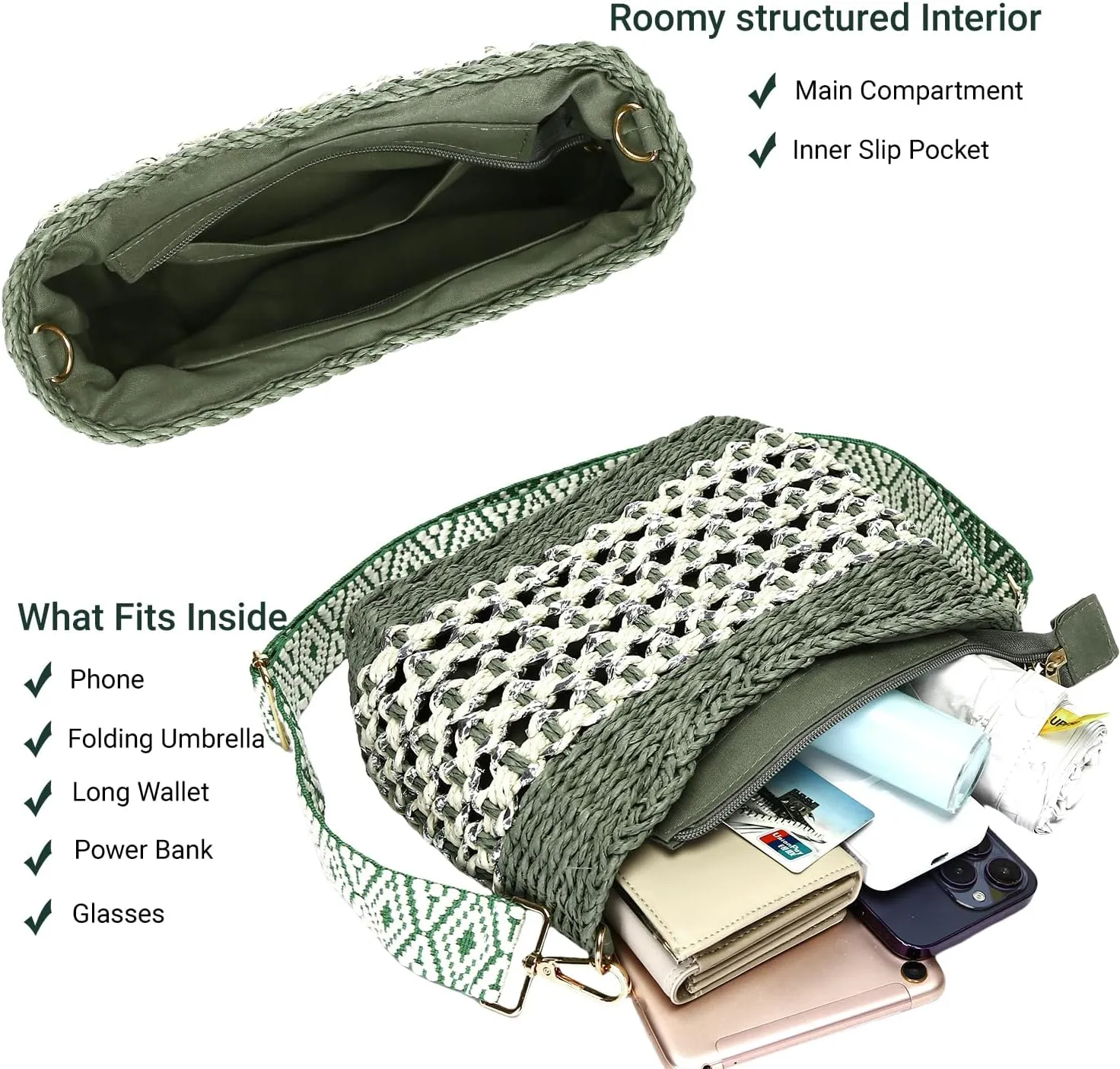 Herald Small Handmade Straw Pocketbook Crossbody Bag for Women, Summer Chic Woven Handbag Shoulder Purse with Chain
