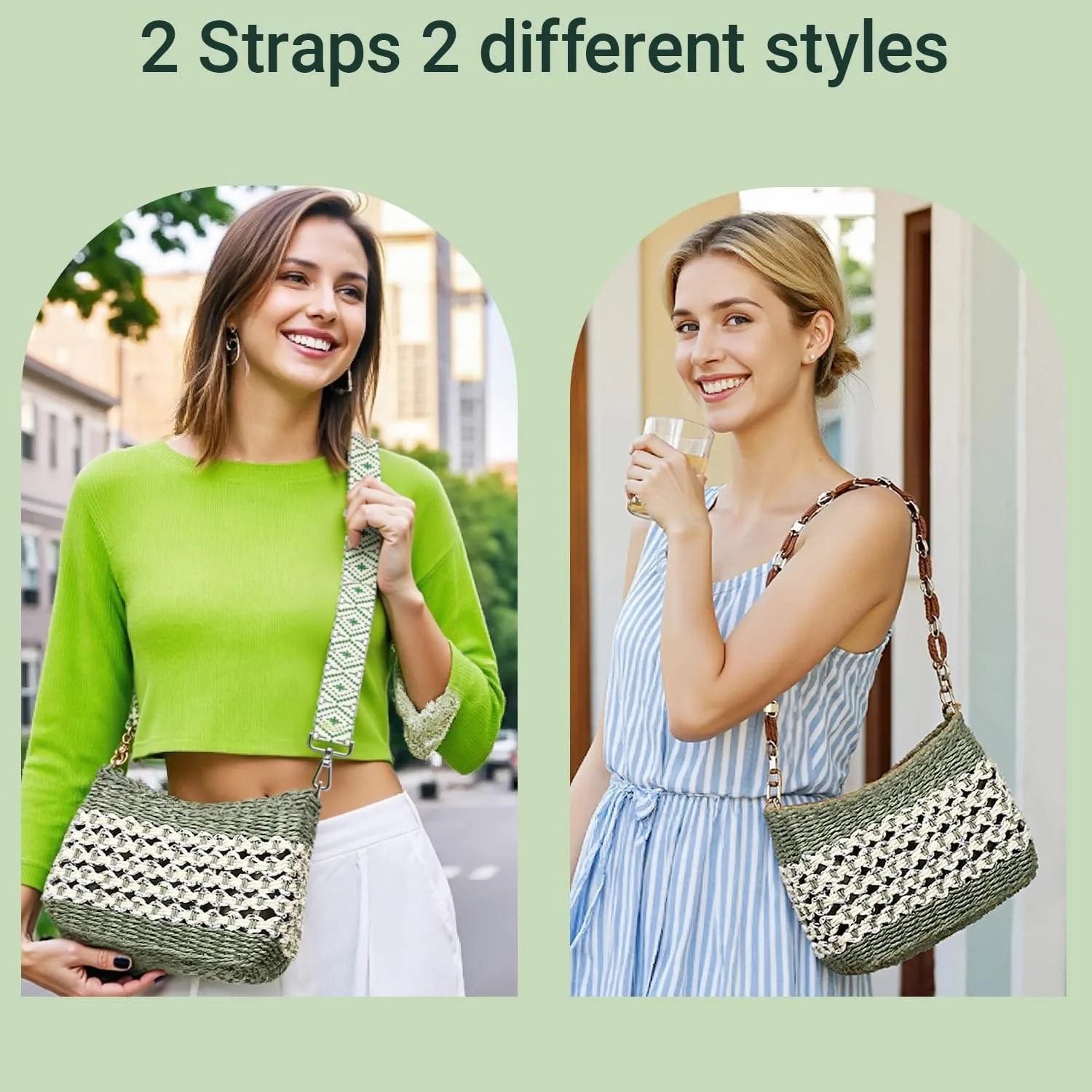 Herald Small Handmade Straw Pocketbook Crossbody Bag for Women, Summer Chic Woven Handbag Shoulder Purse with Chain