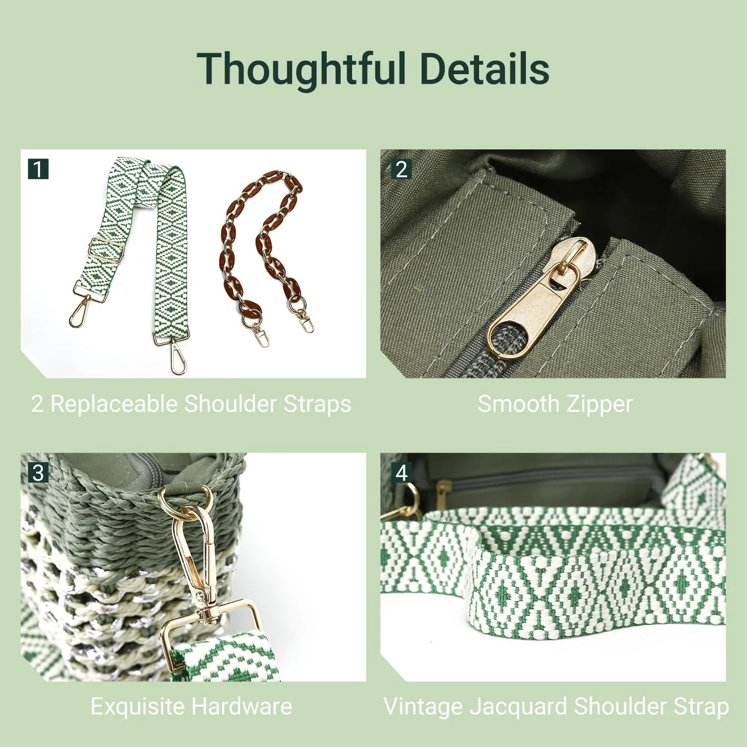 Herald Small Handmade Straw Pocketbook Crossbody Bag for Women, Summer Chic Woven Handbag Shoulder Purse with Chain