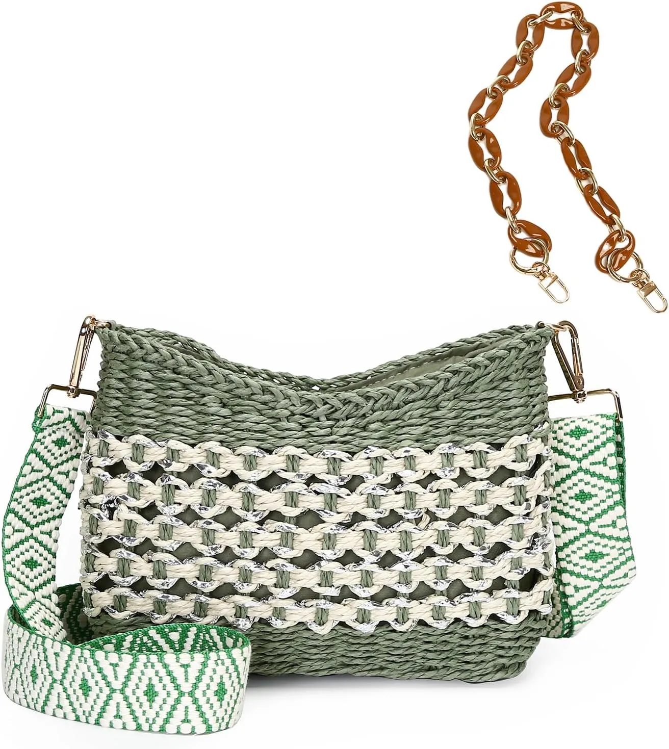 Herald Small Handmade Straw Pocketbook Crossbody Bag for Women, Summer Chic Woven Handbag Shoulder Purse with Chain