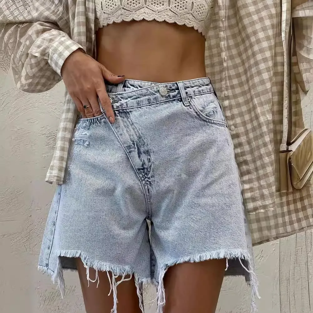 heyheyshine Women's High-Waisted Denim Shorts Hem Tassels Crossover Jean Shorts Casual Summer Denim Jean Shorts