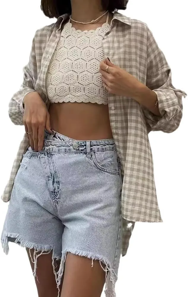 heyheyshine Women's High-Waisted Denim Shorts Hem Tassels Crossover Jean Shorts Casual Summer Denim Jean Shorts