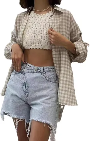 heyheyshine Women's High-Waisted Denim Shorts Hem Tassels Crossover Jean Shorts Casual Summer Denim Jean Shorts