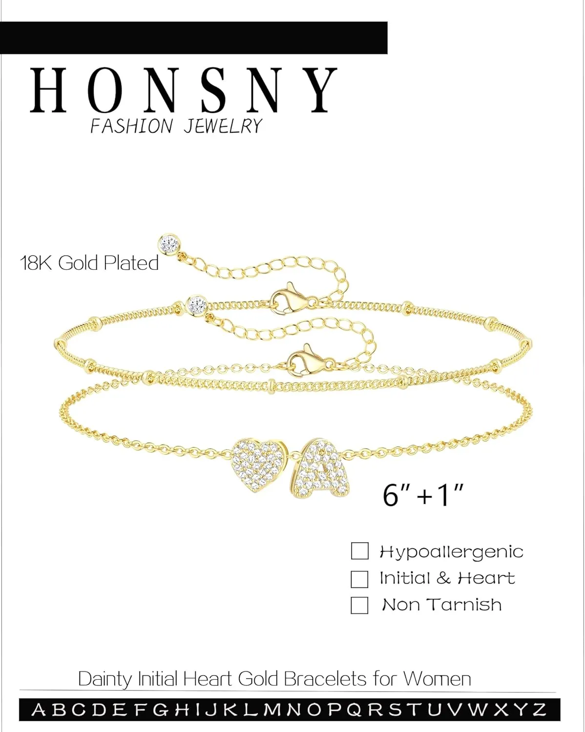 Honsny Dainty Initial Bracelets for Women Trendy 18K Gold Plated A-Z Heart Letter Charm Non Tarnish Layered Cute Bracelet Bridesmaid Jewelry