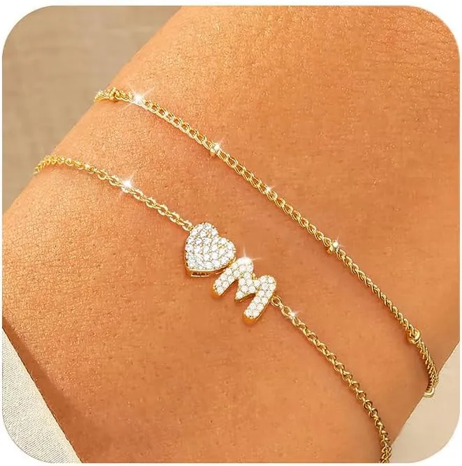 Honsny Dainty Initial Bracelets for Women Trendy 18K Gold Plated A-Z Heart Letter Charm Non Tarnish Layered Cute Bracelet Bridesmaid Jewelry