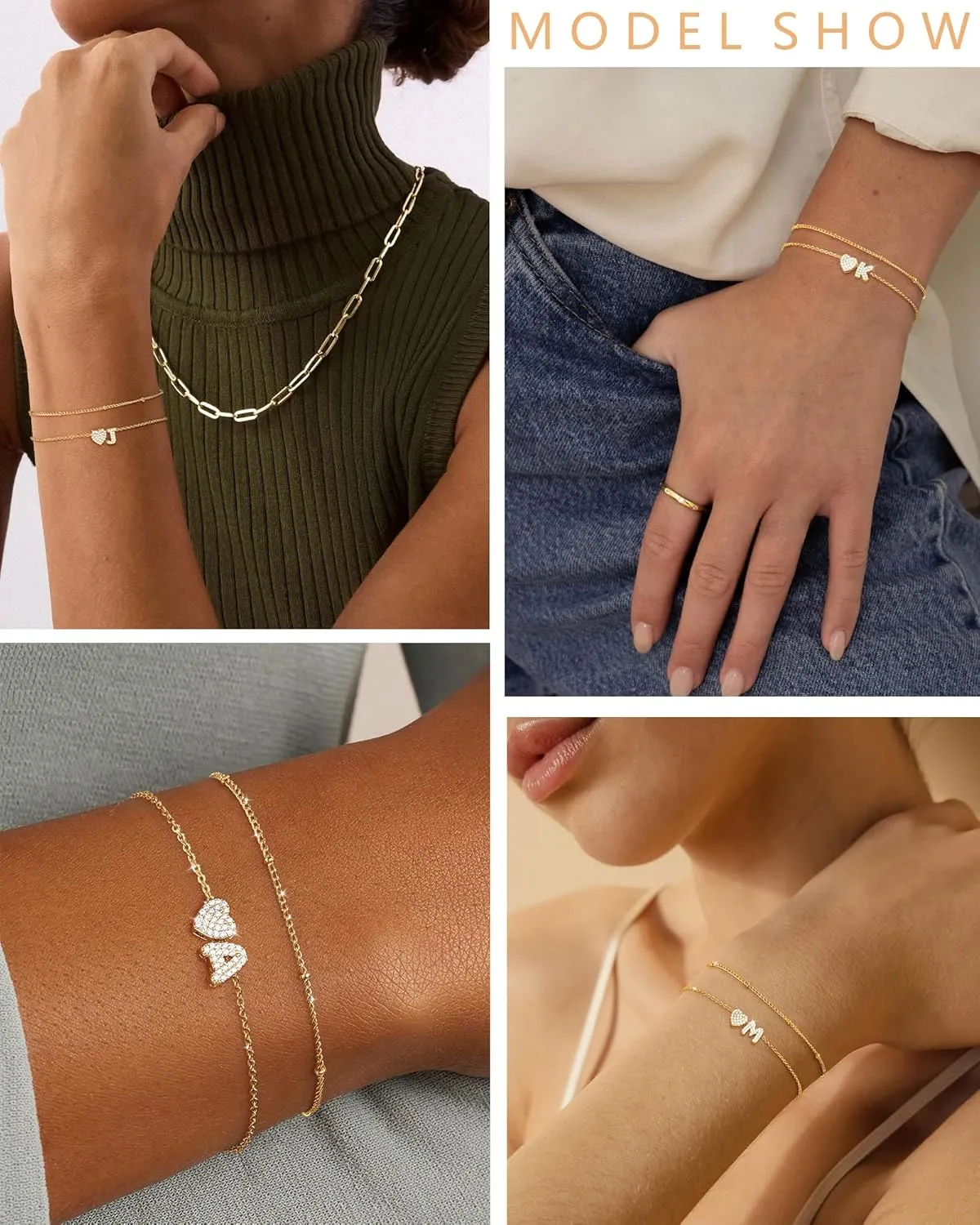 Honsny Dainty Initial Bracelets for Women Trendy 18K Gold Plated A-Z Heart Letter Charm Non Tarnish Layered Cute Bracelet Bridesmaid Jewelry