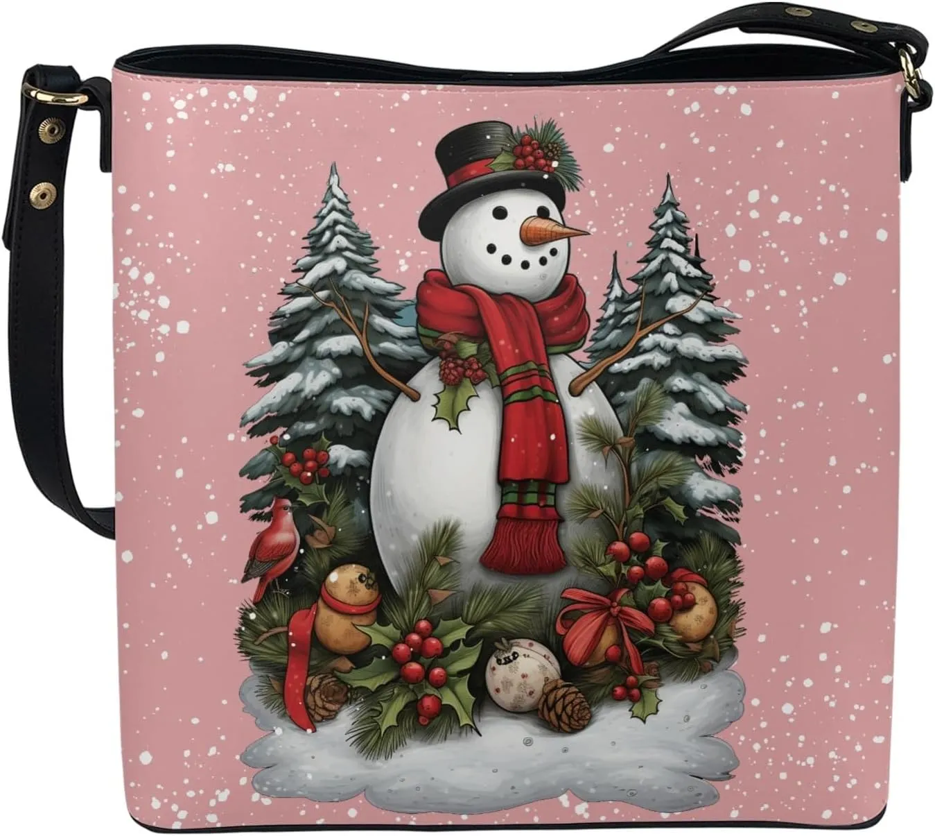HUGS IDEA Christmas Snowman Shoulder Bag for Women Top Handle Satchel with Adjustable Strap Leather Hobo Handbags Crossbody Purse