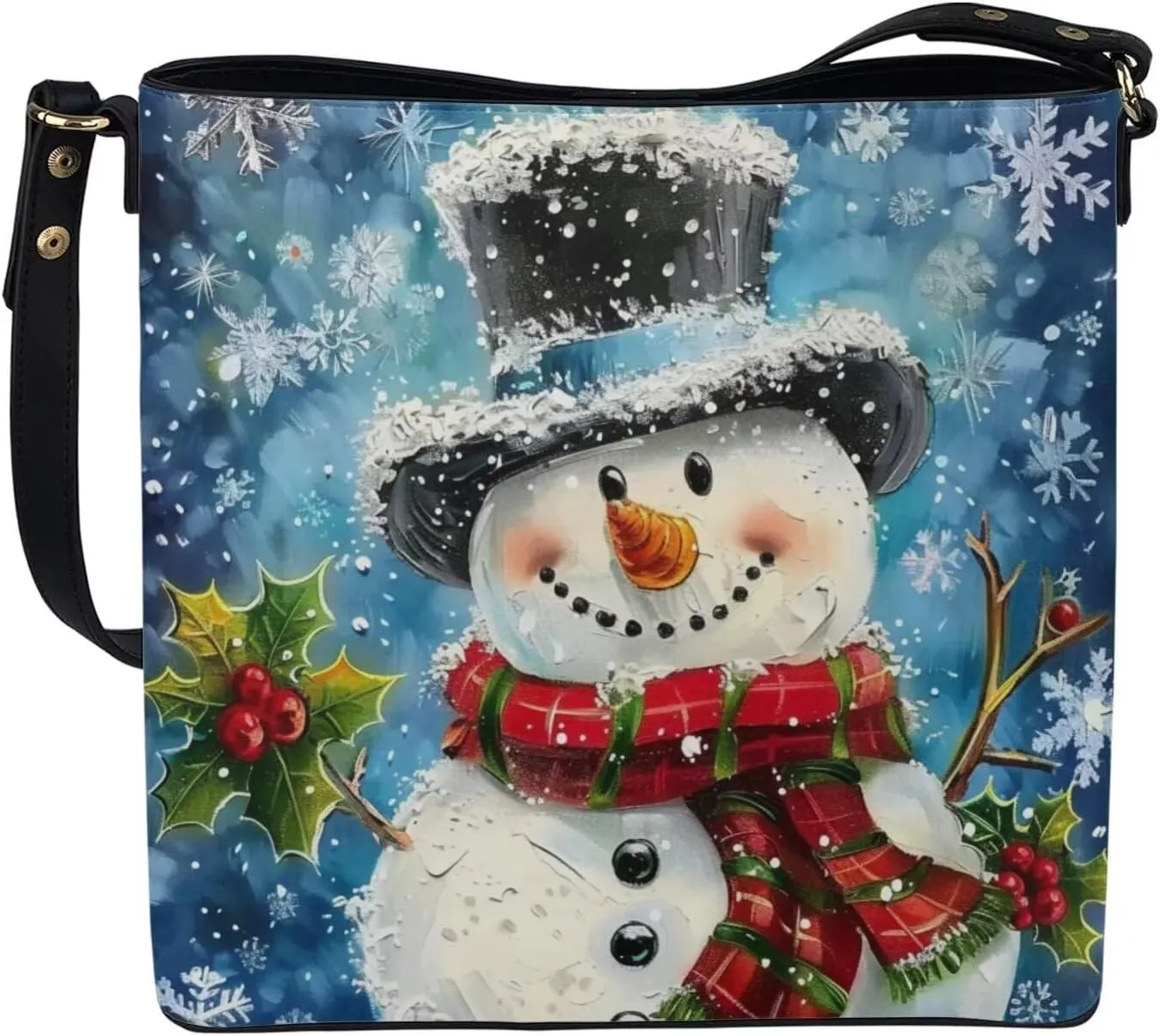 HUGS IDEA Cute Snowman Print Women's Handbag Leather Tote Shoulder Bucket Bags Elegant Large Capacity Crossbody Top-handle Bag