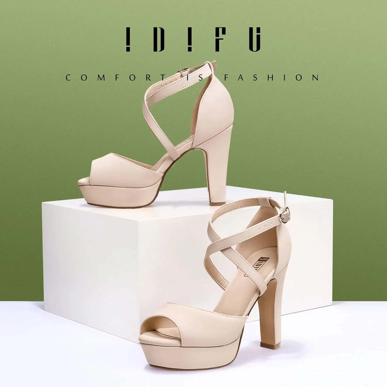IDIFU Women's Platform Chunky High Heels Dress Sandals Peep Toe Ankle Strap Wedding Party Evening Shoes for Women Bride