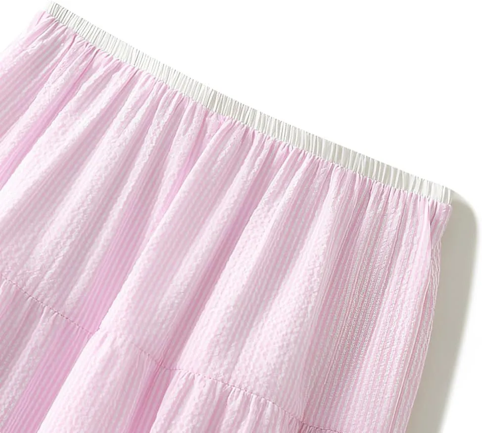 ikasus Women's Pleated A-Line Midi Skirt High Waist Swing Flare Sweet A-Line Flare Dress with Adjustable Waistband for Lady, Pink