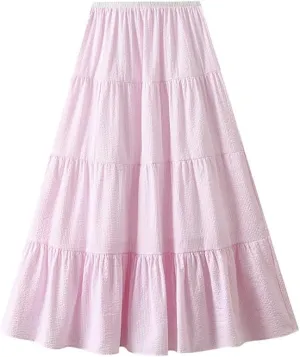 ikasus Women's Pleated A-Line Midi Skirt High Waist Swing Flare Sweet A-Line Flare Dress with Adjustable Waistband for Lady, Pink