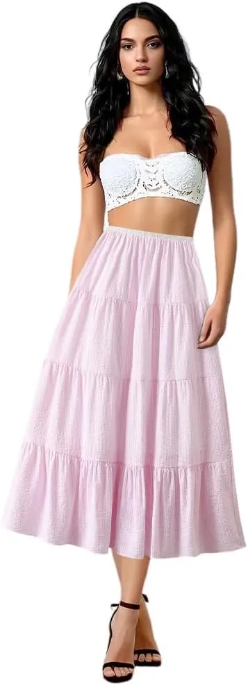 ikasus Women's Pleated A-Line Midi Skirt High Waist Swing Flare Sweet A-Line Flare Dress with Adjustable Waistband for Lady, Pink