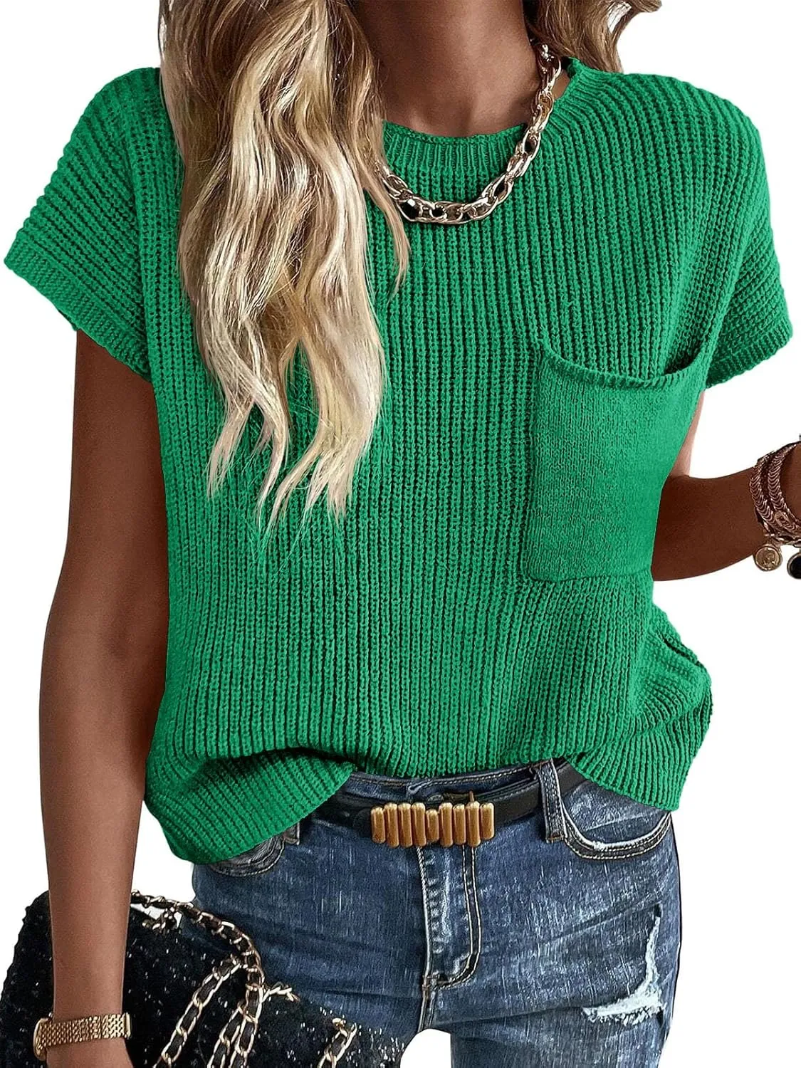 Imily Bela Summer Short Sleeve Sweater for Women 2025 Crew Neck Ribbed Knit Vests Trendy Pullover Tops