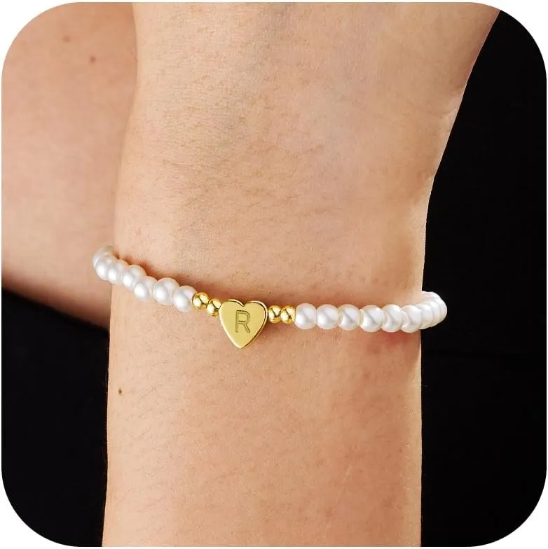 Initial Bracelet for Women Gold Initial Bracelet Pearl Beaded Bracelet Gold Initial Letter Charm Bracelets Gold Beaded Bracelets Flower Gift