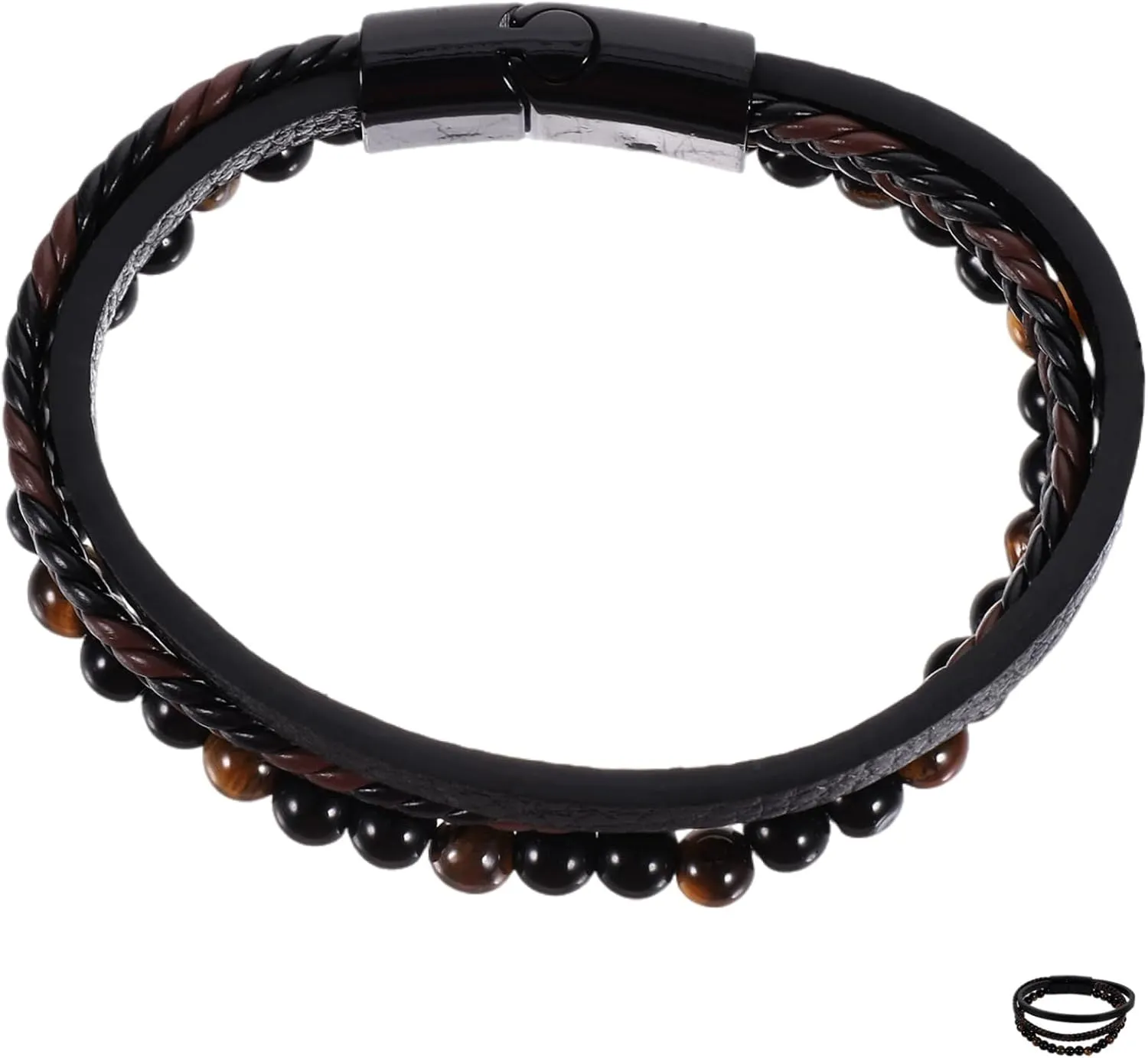 Intricately Woven Leather Bracelet Lava Stone Beads Men's Fashion Accessory