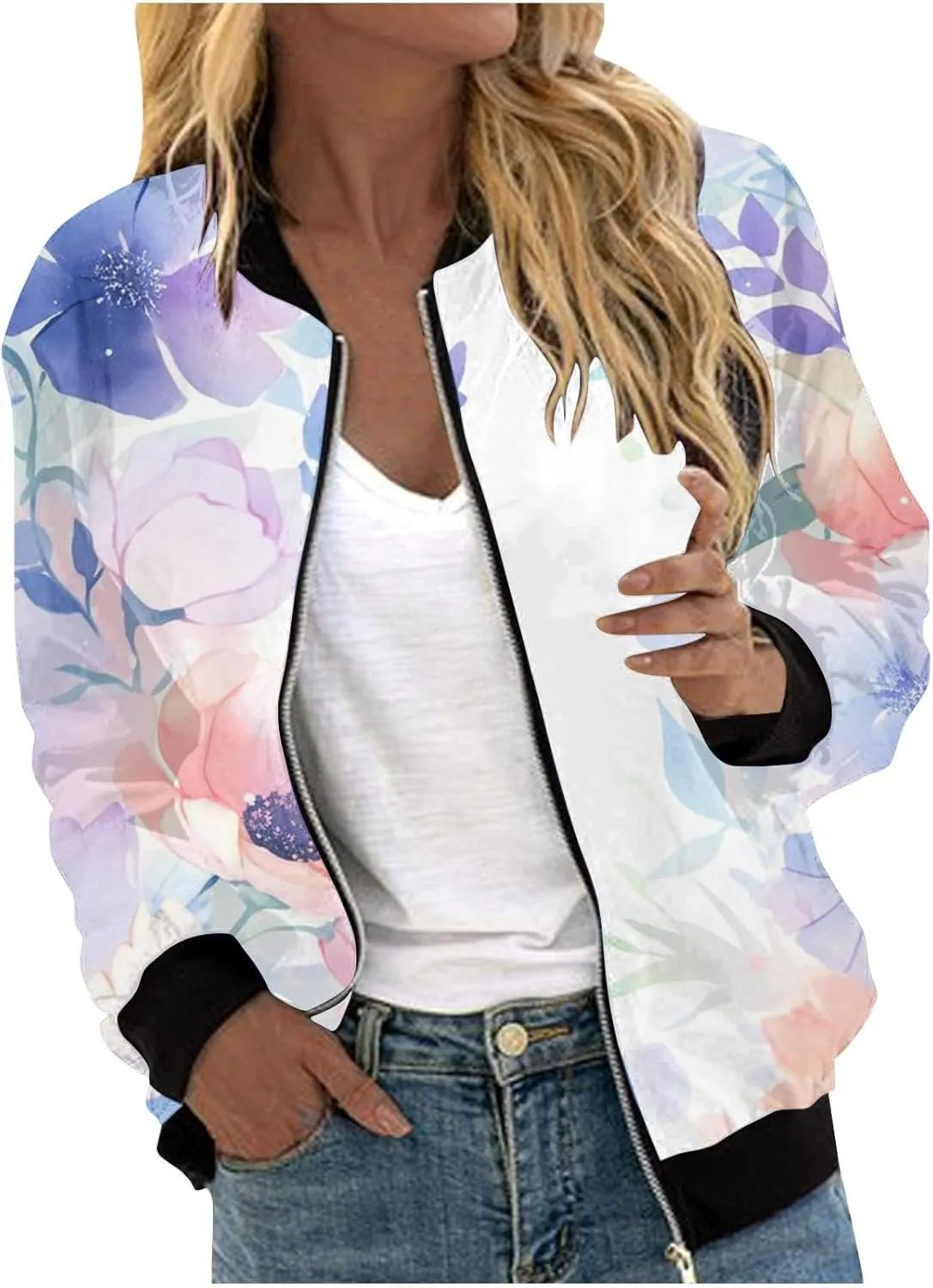 Jacket for Women Trendy Square Thin Pocket Jacket Blouse Coat Baseball Top Women's Casual Floral Bomber Jacket Coat