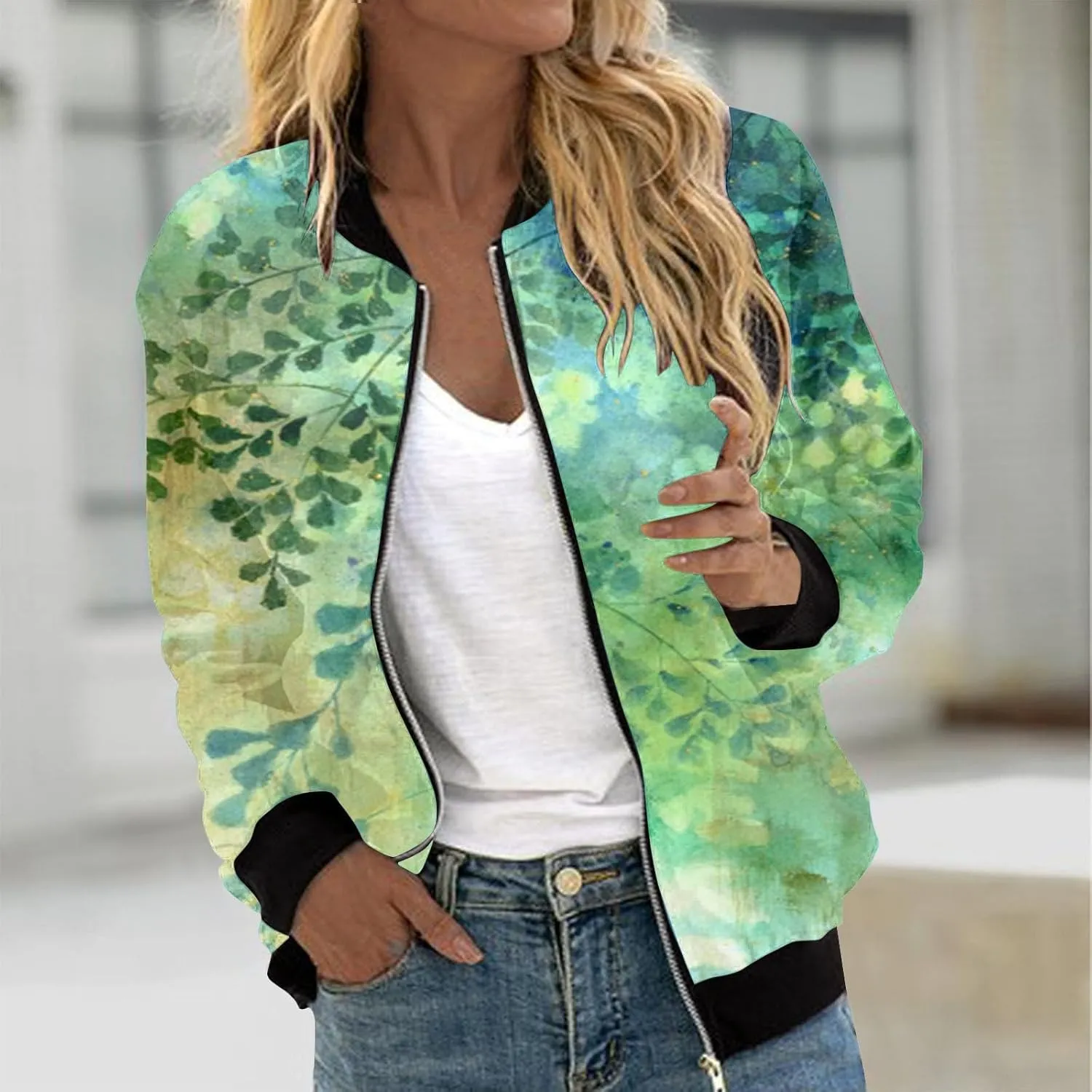 Jacket for Women Trendy Square Thin Pocket Jacket Blouse Coat Baseball Top Women's Casual Floral Bomber Jacket Coat