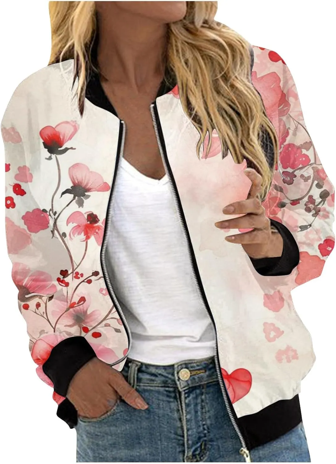 Jacket for Women Trendy Square Thin Pocket Jacket Blouse Coat Baseball Top Women's Casual Floral Bomber Jacket Coat
