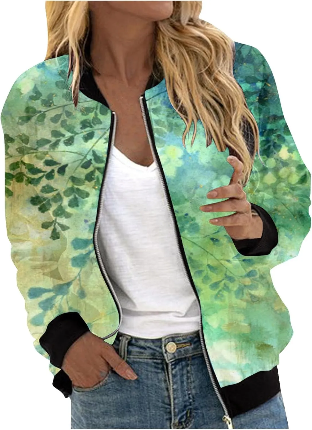 Jacket for Women Trendy Square Thin Pocket Jacket Blouse Coat Baseball Top Women's Casual Floral Bomber Jacket Coat