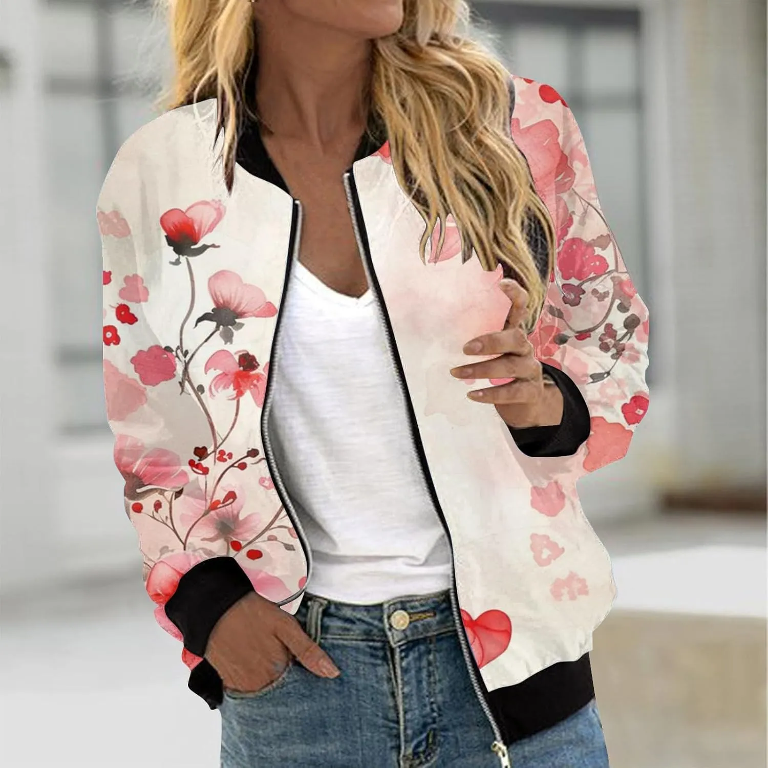Jacket for Women Trendy Square Thin Pocket Jacket Blouse Coat Baseball Top Women's Casual Floral Bomber Jacket Coat