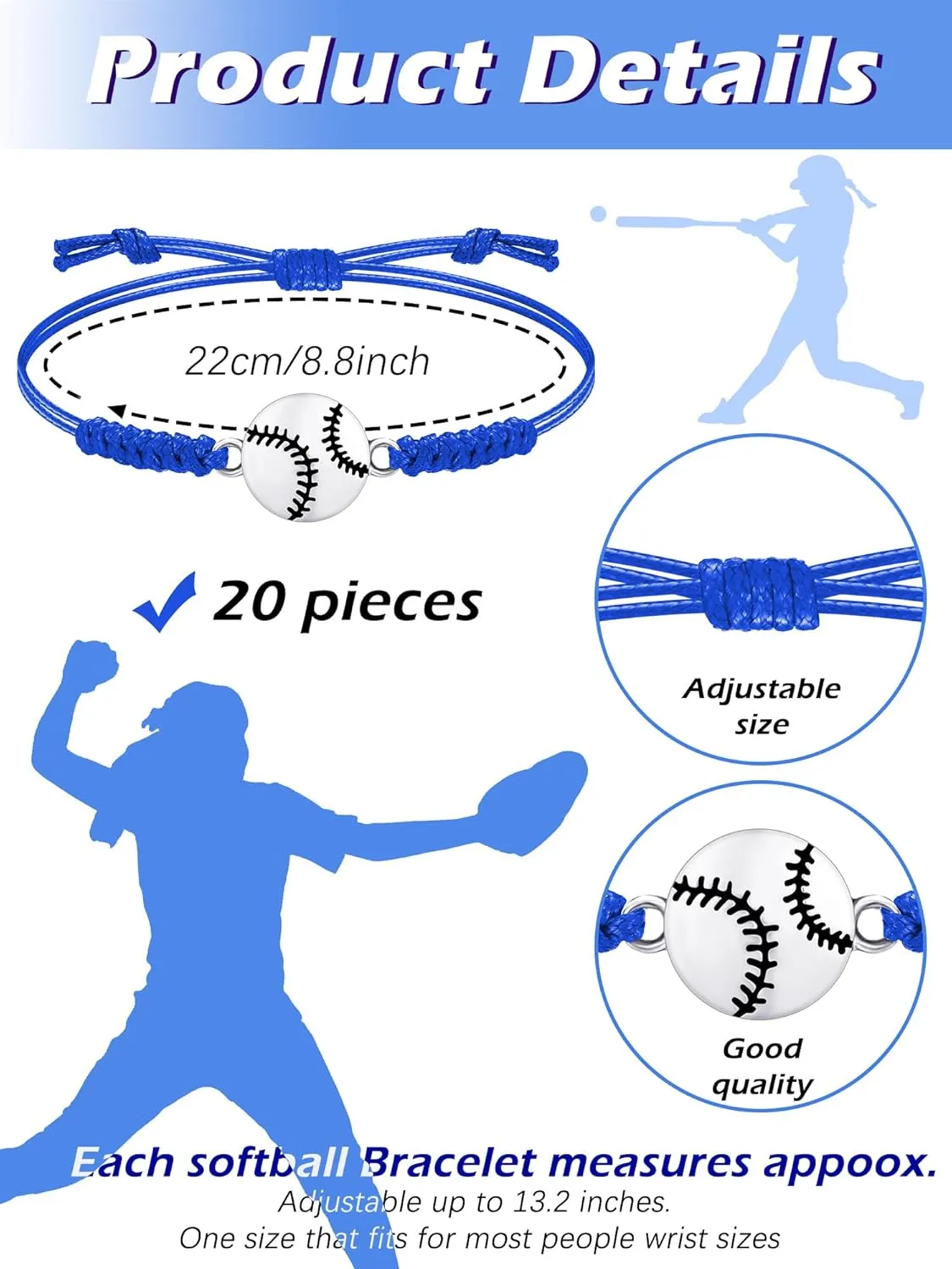 Jadive 20 Pcs Softball Bracelets Bulk Softball Party Favors Sport Team Gifts Baseball Bracelets Adjustable Coach Gifts Graduation Favors for Players
