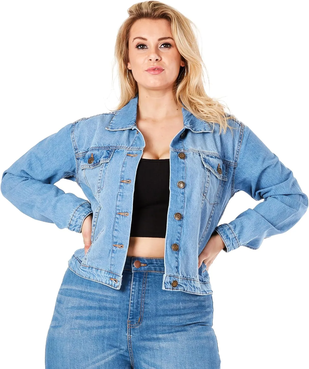 Jean Jacket Women - Long Sleeves Button Down Denim Jacket for Women Clothing in Regular Fit & Oversized with Waist Adjuster
