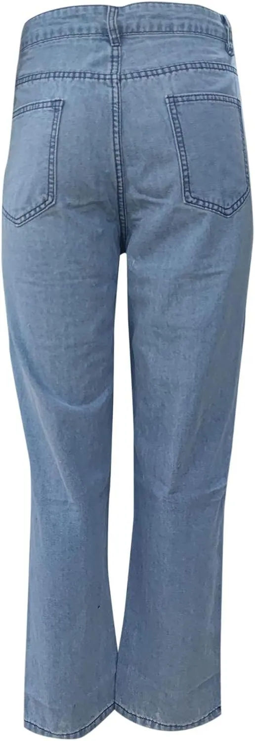 Jeans for Women 2023 Elastic Waist Trousers Button Jeans Hole High Pants Pocket Loose Women Pants