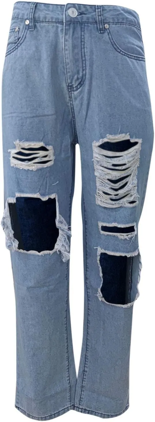 Jeans for Women 2023 Elastic Waist Trousers Button Jeans Hole High Pants Pocket Loose Women Pants