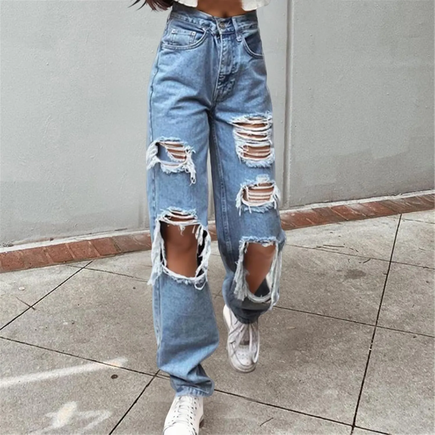 Jeans for Women 2023 Elastic Waist Trousers Button Jeans Hole High Pants Pocket Loose Women Pants