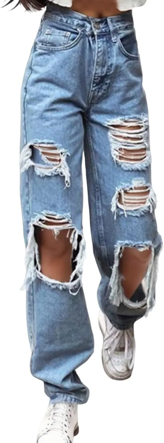 Jeans for Women 2023 Elastic Waist Trousers Button Jeans Hole High Pants Pocket Loose Women Pants