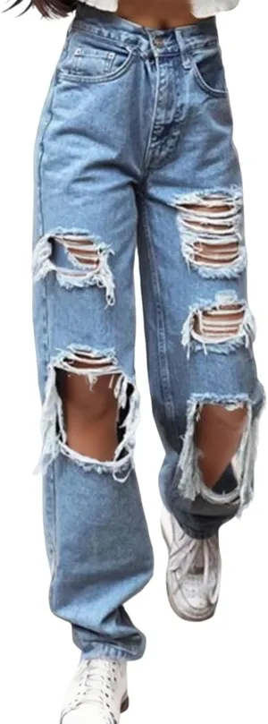 Jeans for Women 2023 Elastic Waist Trousers Button Jeans Hole High Pants Pocket Loose Women Pants
