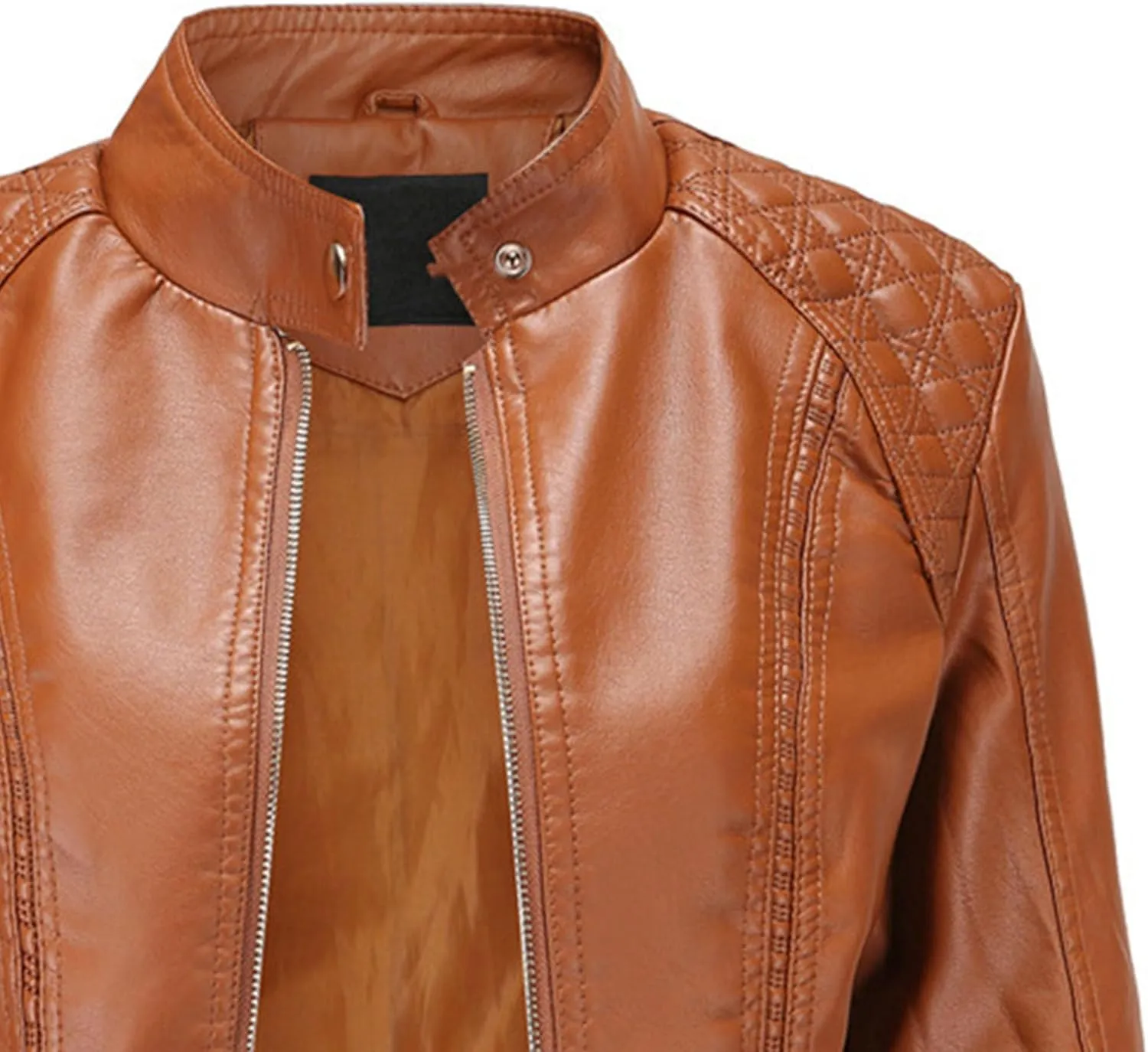 JEsilunmaMY Women's Solid Color Motorcycle Leather Jacket Stand Collar Zip Up Moto Biker Outwear Casual Loose Bomber Coats