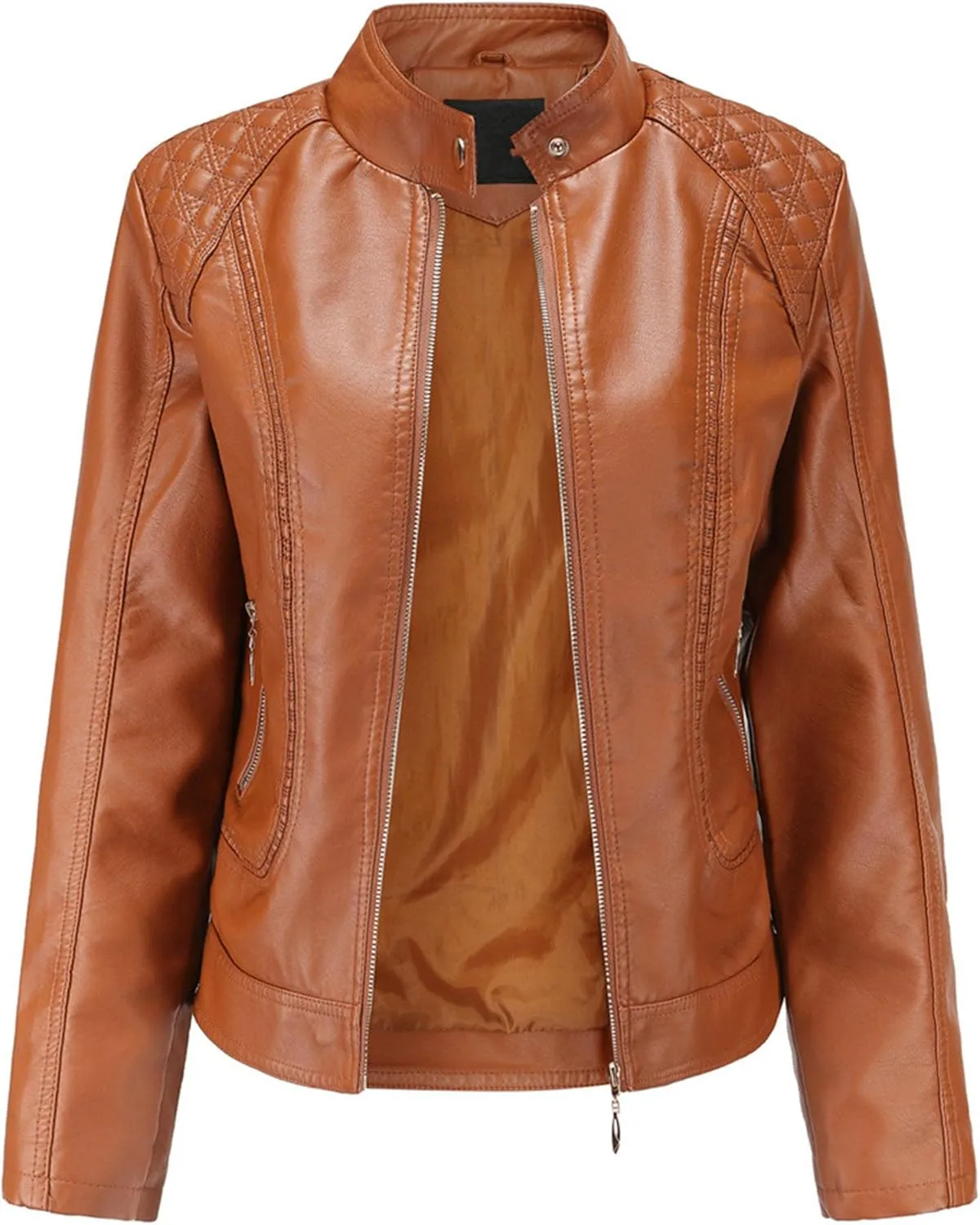 JEsilunmaMY Women's Solid Color Motorcycle Leather Jacket Stand Collar Zip Up Moto Biker Outwear Casual Loose Bomber Coats