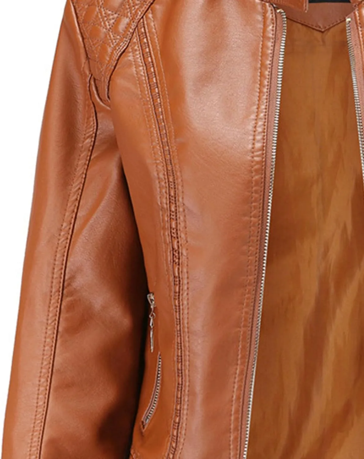 JEsilunmaMY Women's Solid Color Motorcycle Leather Jacket Stand Collar Zip Up Moto Biker Outwear Casual Loose Bomber Coats