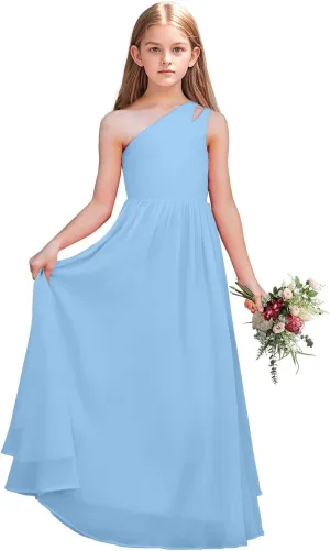 Junior Girls Bridesmaid Dress One Shoulder Flower Girl Wedding Party Dresses for Teen Chiffon Dress