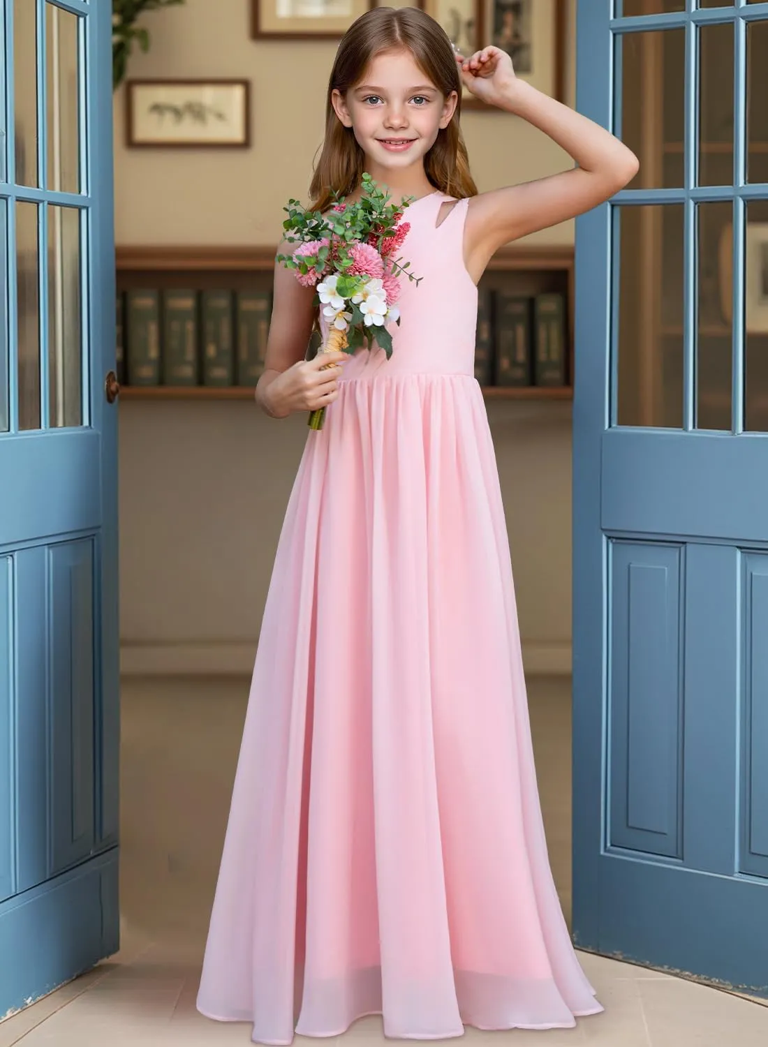 Junior Girls Bridesmaid Dress One Shoulder Flower Girl Wedding Party Dresses for Teen Chiffon Dress
