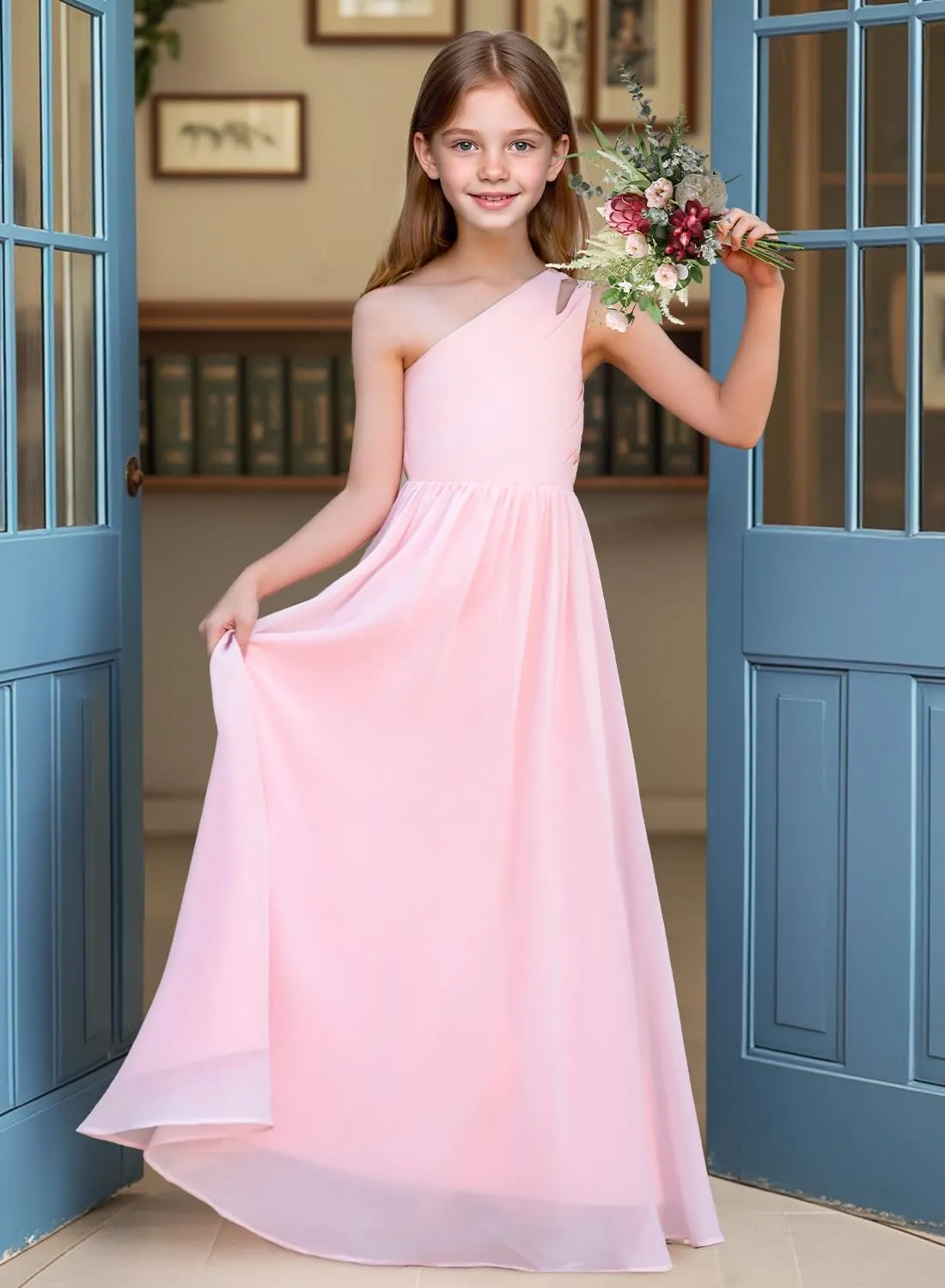 Junior Girls Bridesmaid Dress One Shoulder Flower Girl Wedding Party Dresses for Teen Chiffon Dress