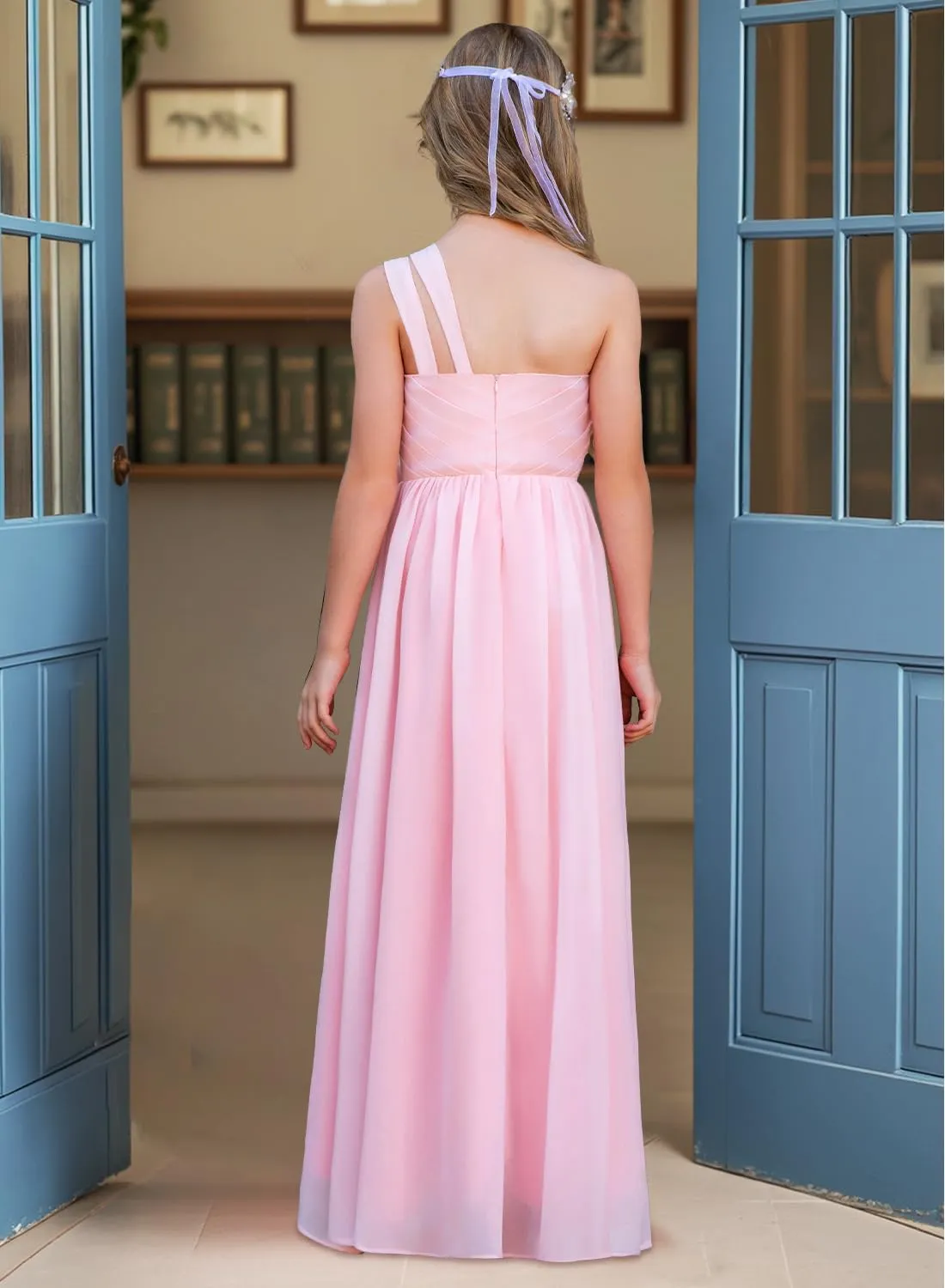 Junior Girls Bridesmaid Dress One Shoulder Flower Girl Wedding Party Dresses for Teen Chiffon Dress