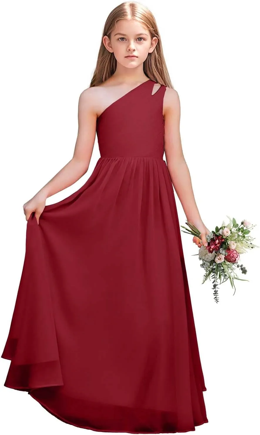 Junior Girls Bridesmaid Dress One Shoulder Flower Girl Wedding Party Dresses for Teen Chiffon Dress