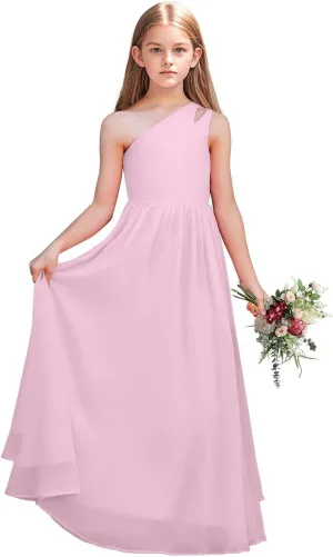 Junior Girls Bridesmaid Dress One Shoulder Flower Girl Wedding Party Dresses for Teen Chiffon Dress