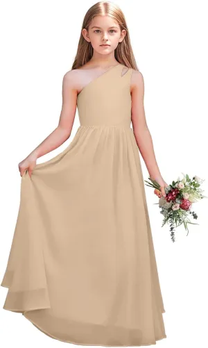 Junior Girls Bridesmaid Dress One Shoulder Flower Girl Wedding Party Dresses for Teen Chiffon Dress