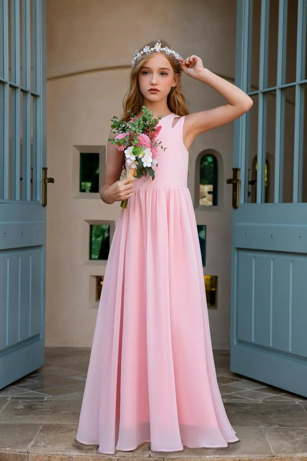 Junior Girls Bridesmaid Dress One Shoulder Flower Girl Wedding Party Dresses for Teen Chiffon Dress