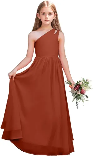 Junior Girls Bridesmaid Dress One Shoulder Flower Girl Wedding Party Dresses for Teen Chiffon Dress